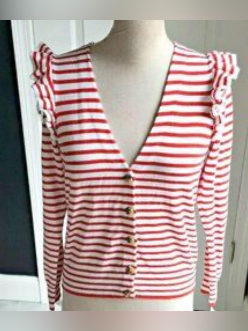 Charter Club Women’s Sail Away Red and White Striped Ruffle Shoulder Cardigan